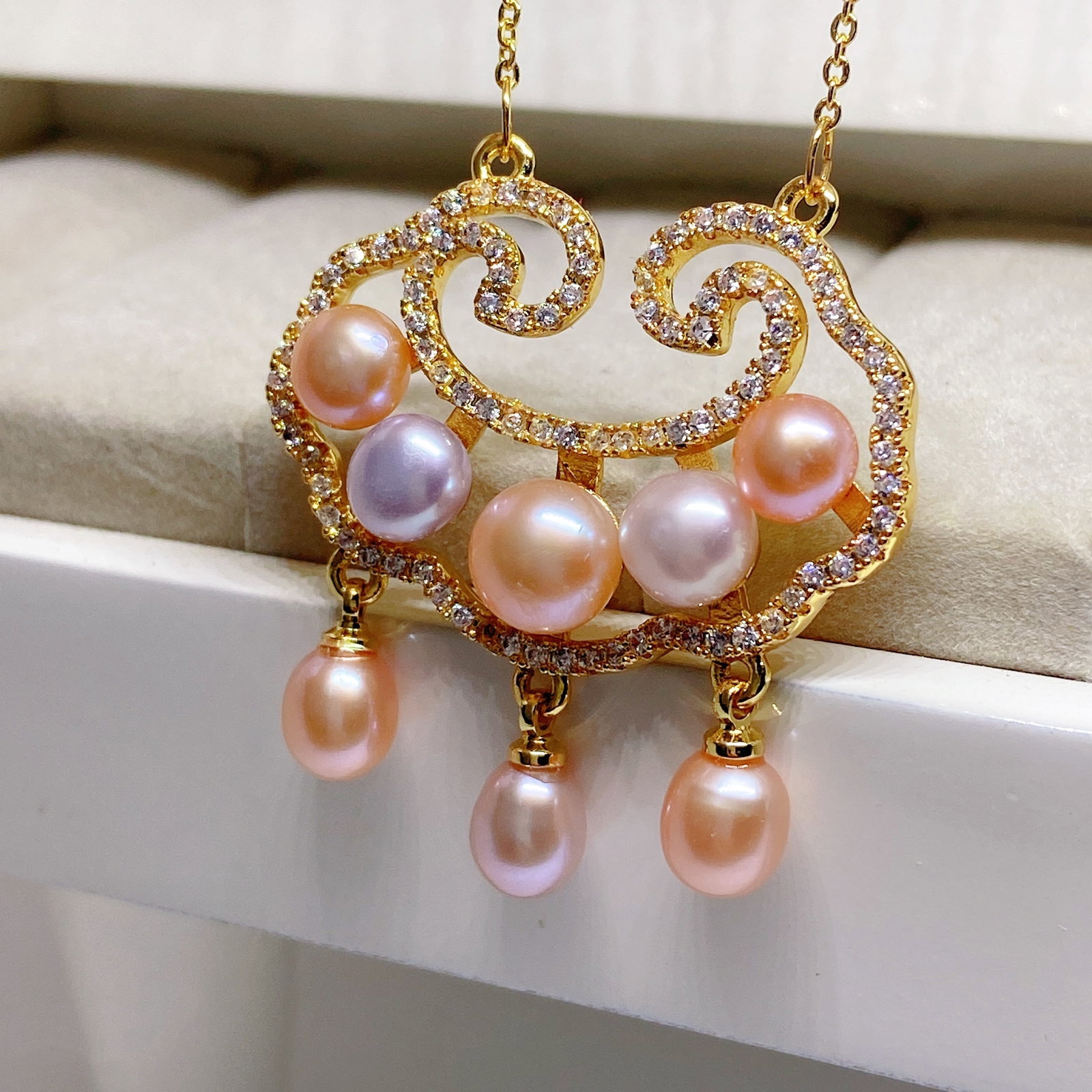 Chinese Ancient Lucky Lock Archaic Amulet Pearls Silver Necklace - 2