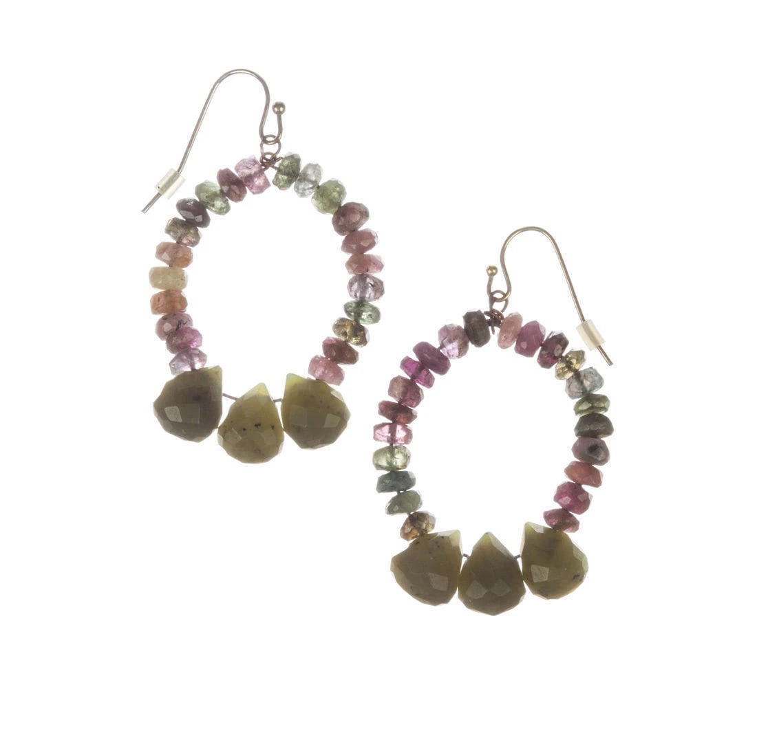 Green And Pink Tourmaline Bead Hoop Earrings: Title:Green and Pink Tourmaline Bead Hoop Earrings Description:Handmade faceted green and pink tourmaline beads, and 14 kt gold vermeil over sterling silver wires. Circa, 1990's. Earrings measure 1 &f