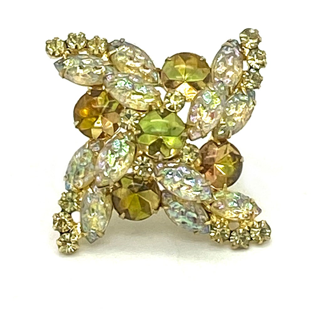 Dande Juliana Brooch With Molded Stones: This is a 1960s DeLizza and Elster Juliana cartwheel like brooch. It comes with a combination of aurora borealis coated yellow molded navette, peach/lemon cabochon and smaller yellow chaton rhinestone