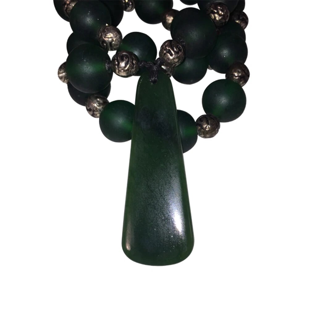 African Green Trade Bead And Jade Pendant Necklace - 6