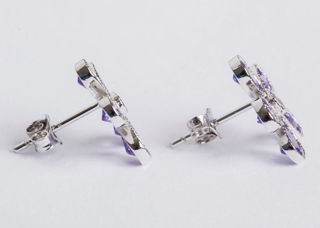 Sterling Silver Colored Cubic Zirconia Flower Earrings - 3
