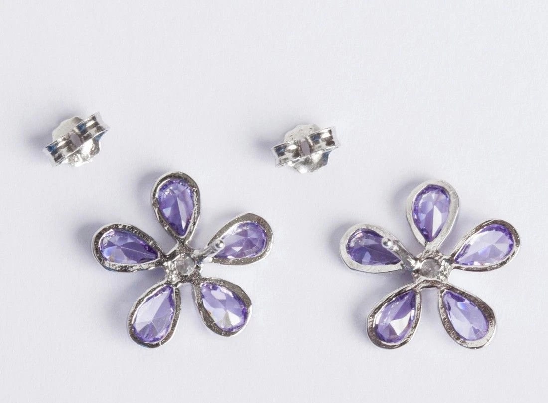 Sterling Silver Colored Cubic Zirconia Flower Earrings - 4
