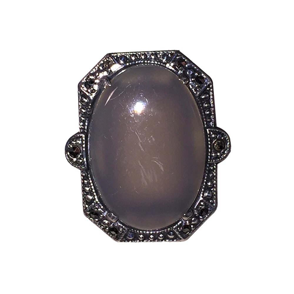 Art Deco Sterling Oblong White Chalcedony And Marcasite Ring - 2