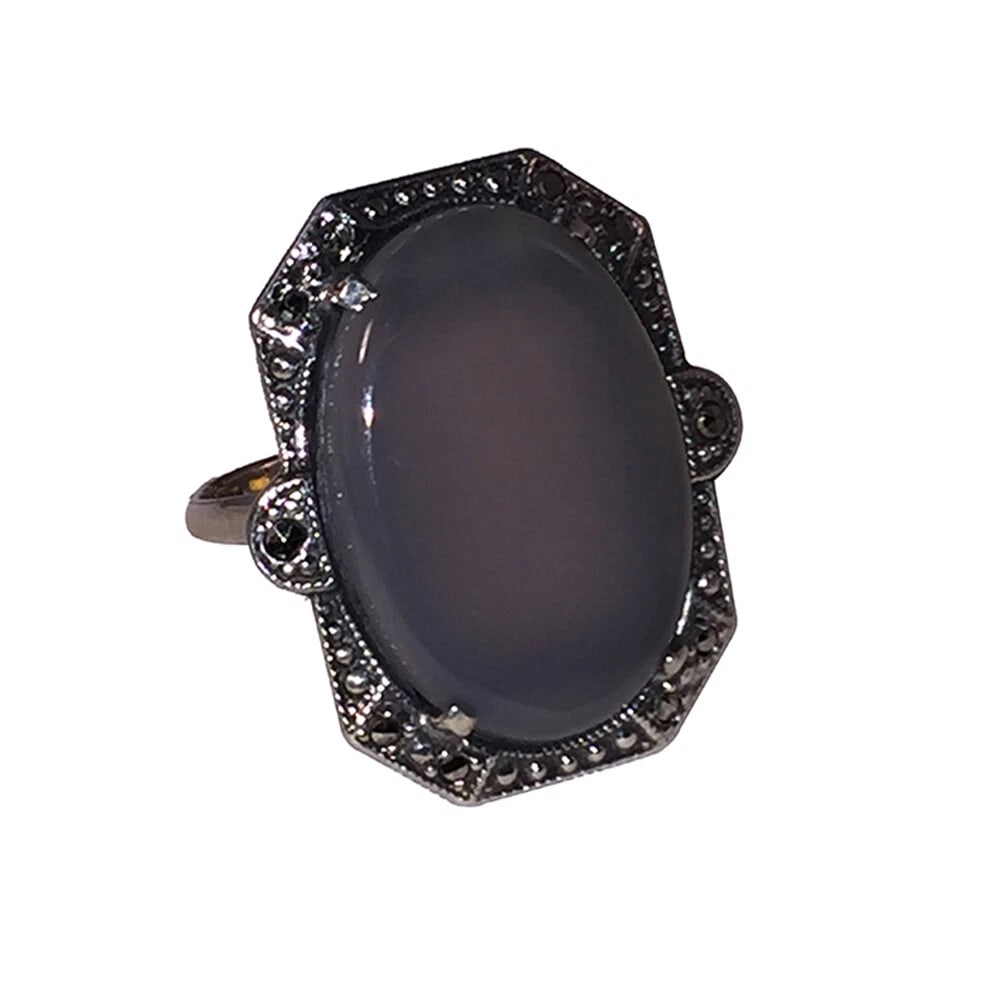 Art Deco Sterling Oblong White Chalcedony And Marcasite Ring - 3