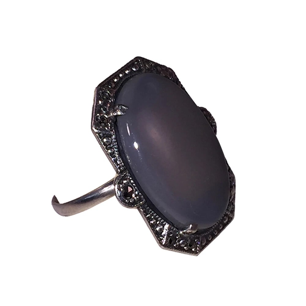 Art Deco Sterling Oblong White Chalcedony And Marcasite Ring - 4