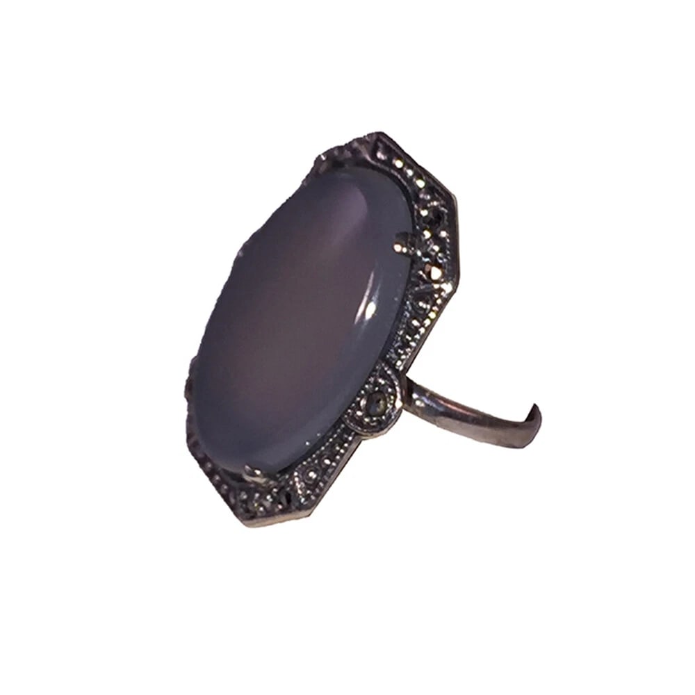 Art Deco Sterling Oblong White Chalcedony And Marcasite Ring - 5