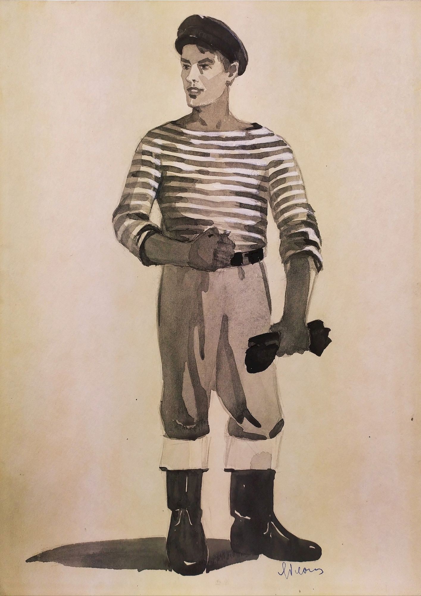 Yablonska Olena (Ukrainian artist), "Sailor", watercolor on cardboard: Title: Yablonska Olena (Ukrainian artist), "Sailor", watercolor on cardboard Description: ARTIST: Yablonska Olena Nylivna, Ukrainian artist TITLE: "Sailor" SIZE: 40 x 29 cm, (15 3/4 x 11 2/4 in.) MEDI