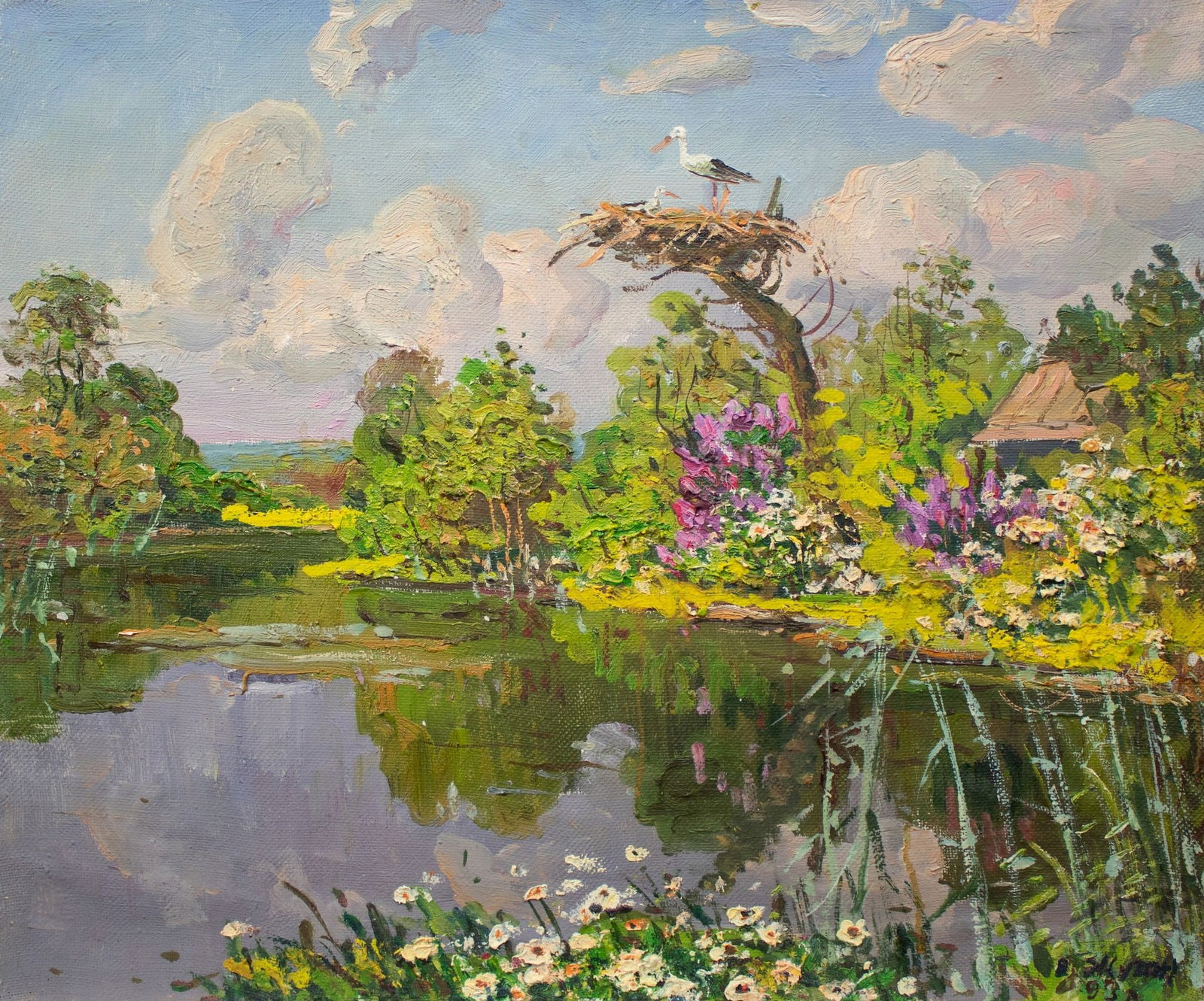 Zhugan Volodymyr (Ukrainian artist), "At the cottage", oil on canvas: Title: Zhugan Volodymyr (Ukrainian artist), "At the cottage", oil on canvas Description: ARTIST: Zhugan Volodymyr Oleksandrovych, Ukrainian artist TITLE: "At the cottage" SIZE: 50 x 60 cm, (19 3/4 x 2