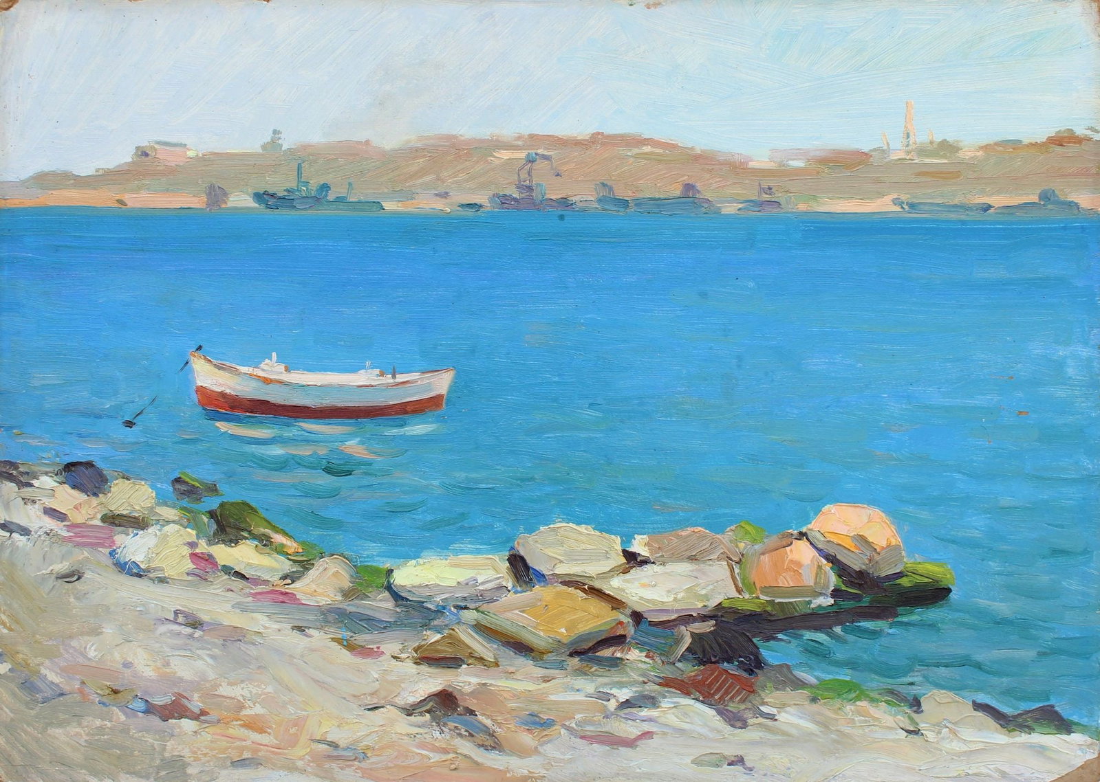 Netrebenko Olexandr (Ukrainian artist), "Lonely boat", oil on cardboard: Title: Netrebenko Olexandr (Ukrainian artist), "Lonely boat", oil on cardboard Description: ARTIST: Netrebenko Olexandr Mykolayovich, Ukrainian artist TITLE: "Lonely boat" SIZE: 50 x 70 cm, (19 3/4 x