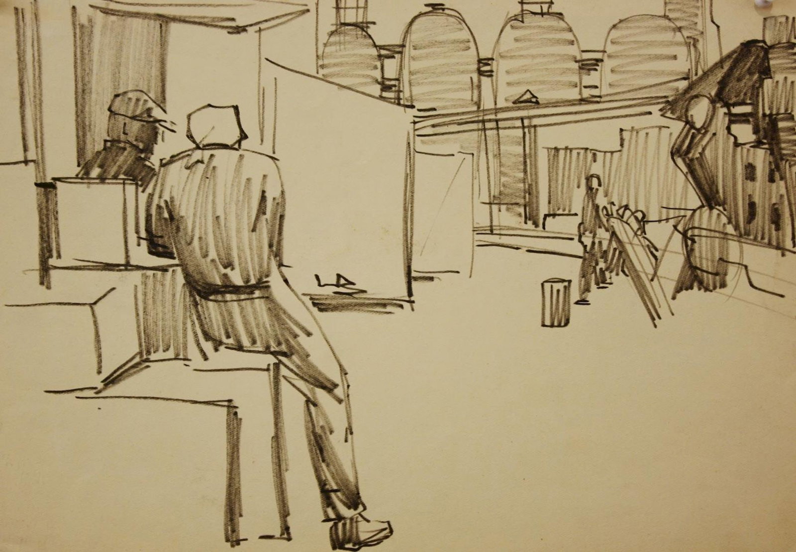 Mynka Olexandr (Ukrainian artist), "In the courtyard", pencil on paper: Title: Mynka Olexandr (Ukrainian artist), "In the courtyard", pencil on paper Description: ARTIST: Mynka Olexandr Fedorovich, Ukrainian artist TITLE: "In the courtyard" SIZE: 29 x 40 cm, (11 2/4 x 15