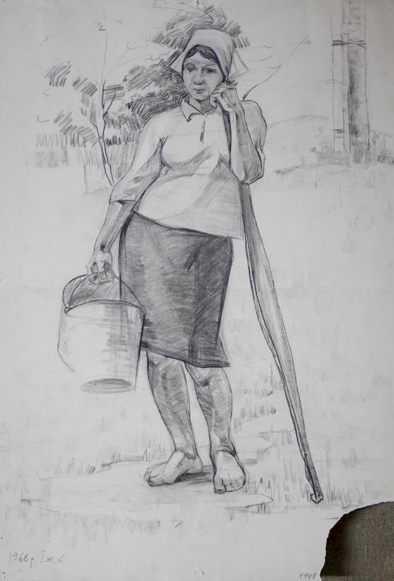 Mynka Olexandr (Ukrainian artist), "The girl with a bucket and a yoke", pencil on paper: Title: Mynka Olexandr (Ukrainian artist), "The girl with a bucket and a yoke", pencil on paper Description: ARTIST: Mynka Olexandr Fedorovich, Ukrainian artist TITLE: "The girl with a bucket and a