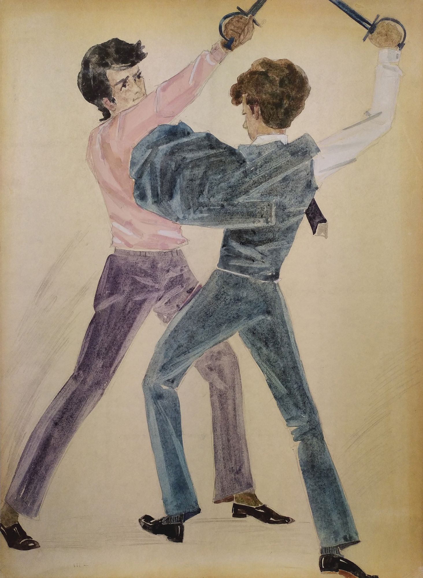 Yablonska Olena (Ukrainian artist), "Epee players", watercolor on cardboard: Title: Yablonska Olena (Ukrainian artist), "Epee players", watercolor on cardboard Description: ARTIST: Yablonska Olena Nylivna, Ukrainian artist TITLE: "Epee players" SIZE: 55 x 40 cm, (21 3/4 x 15