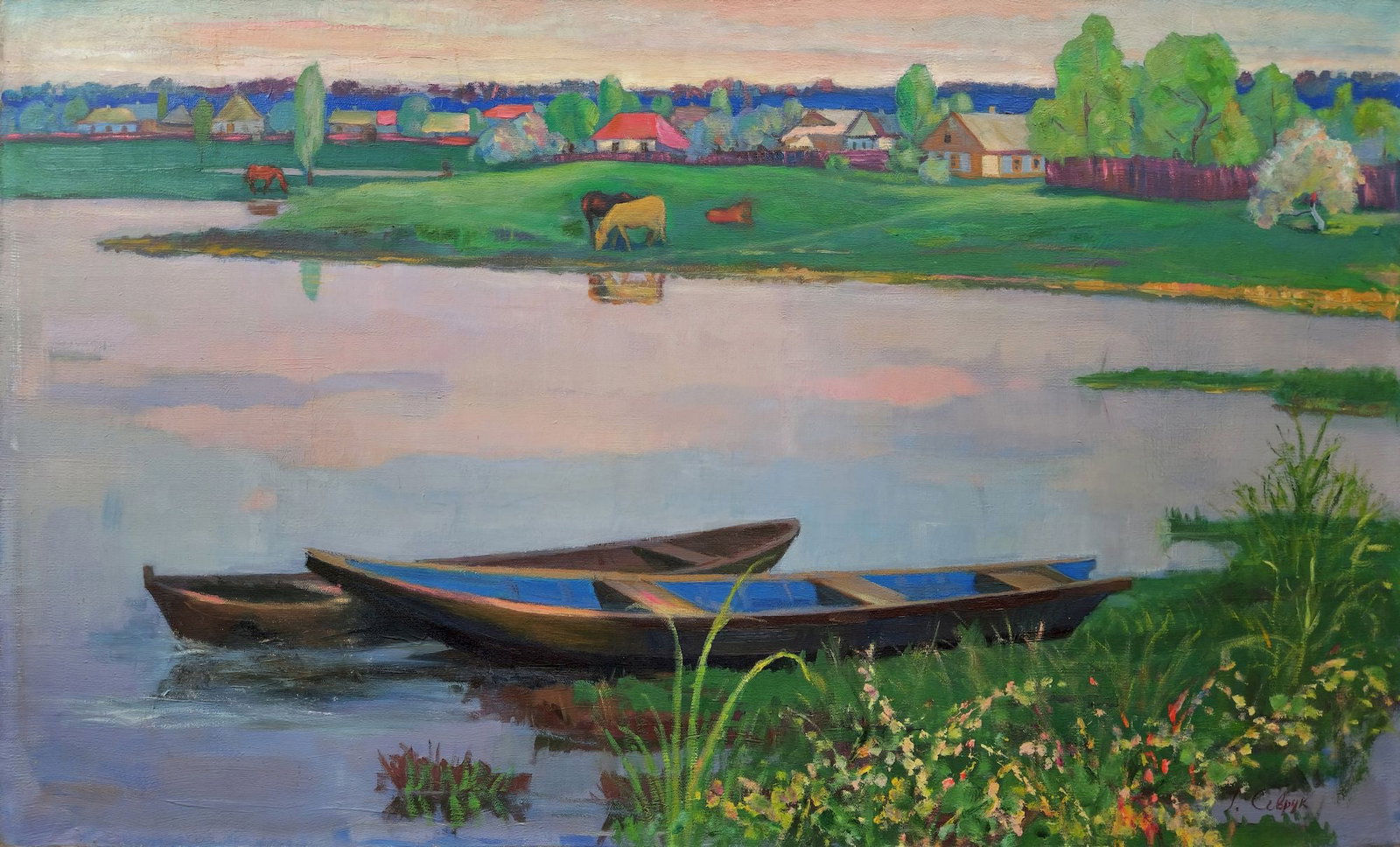 Sevruk Galina (Ukrainian artist), "Horses in the pasture", oil on canvas: Title: Sevruk Galina (Ukrainian artist), "Horses in the pasture", oil on canvas Description: ARTIST: Sevruk Galina Silvestrivna, Ukrainian artist TITLE: "Horses in the pasture" SIZE: 70 x 115 cm, (27 