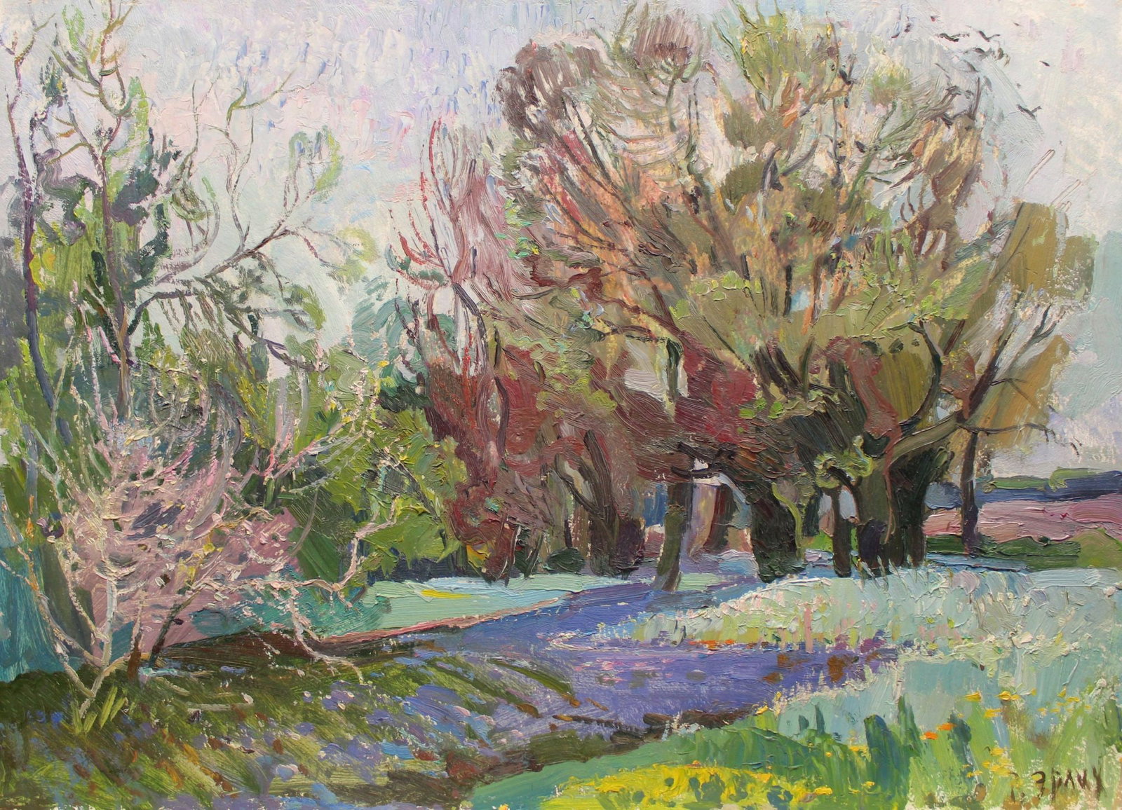 Erlih Volodymyr (Ukrainian artist), "April. Blooming", oil on cardboard: Title: Erlih Volodymyr (Ukrainian artist), "April. Blooming", oil on cardboard Description: ARTIST: Erlih Volodymyr Isaakovich, Ukrainian artist TITLE: "April. Blooming" SIZE: 50 x 70 cm, (19 3/4 x