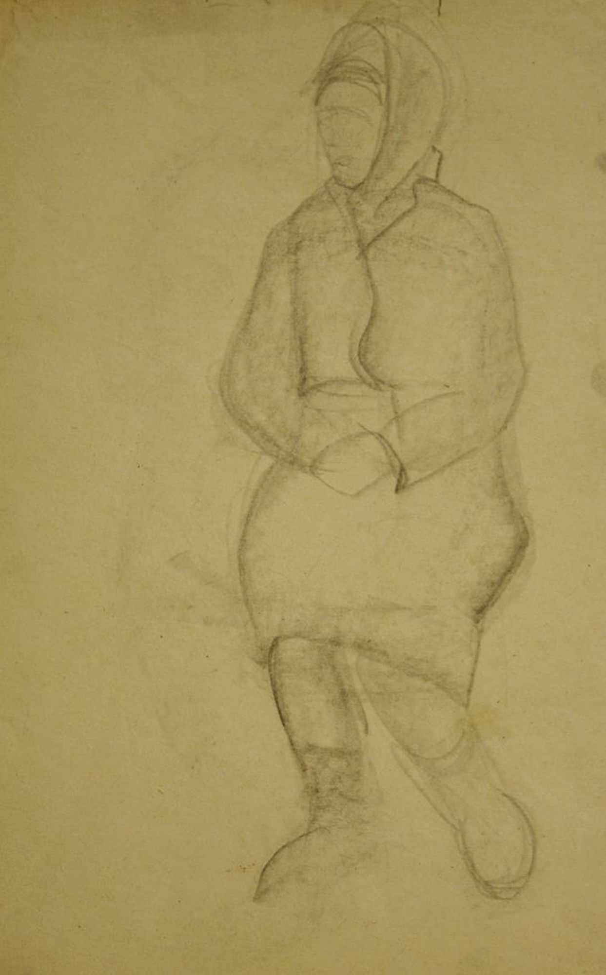 Mynka Olexandr (Ukrainian artist), "Woman sitting in a scarf", pencil on paper: Title: Mynka Olexandr (Ukrainian artist), "Woman sitting in a scarf", pencil on paper Description: ARTIST: Mynka Olexandr Fedorovich, Ukrainian artist TITLE: "Woman sitting in a scarf" SIZE: 35 x 25