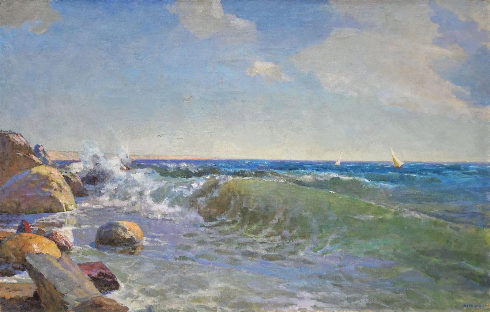 Feller Roman (Ukrainian artist), "On the sea", oil on canvas: Title: Feller Roman (Ukrainian artist), "On the sea", oil on canvas Description: ARTIST: Feller Roman Naumovich, Ukrainian artist TITLE: "On the sea" SIZE: 90 x 140 cm, (35 2/4 x 55 in.) MEDIUM: oil o