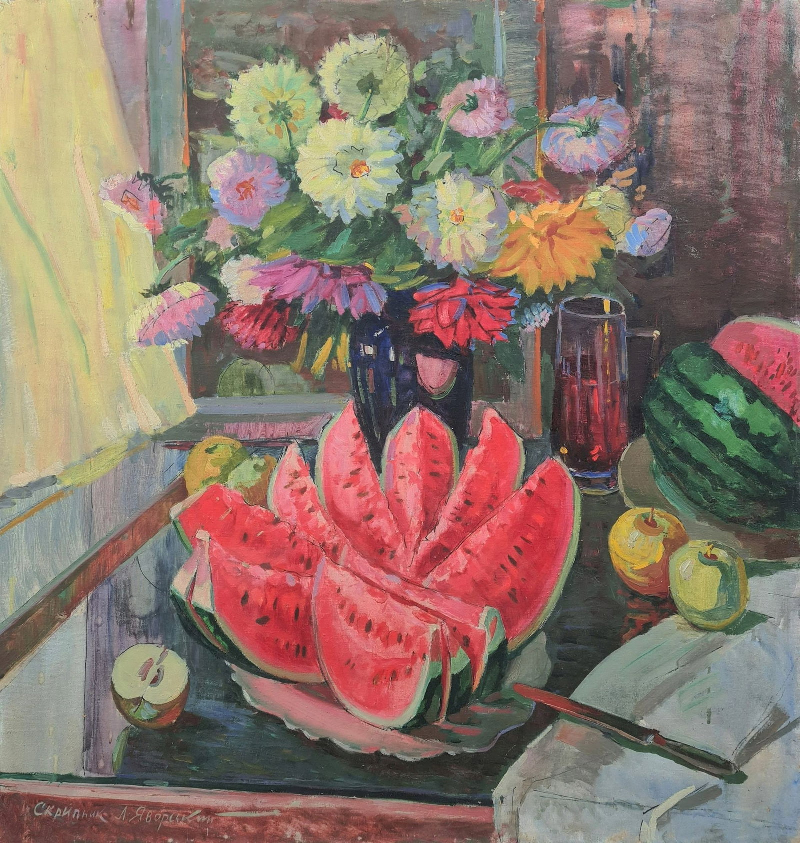 Yavorsky Leonid (Ukrainian artist), "Flowers and watermelon", oil on canvas: Title: Yavorsky Leonid (Ukrainian artist), "Flowers and watermelon", oil on canvas Description: ARTIST: Yavorsky Leonid Fedorovich, Ukrainian artist TITLE: "Flowers and watermelon" SIZE: 100 x 95 cm, 