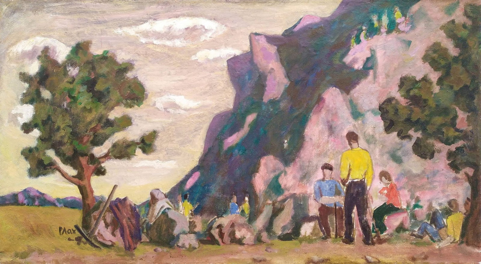 Lah Rostislav (Ukrainian artist), "Geologists in the mountains", oil on canvas: Title: Lah Rostislav (Ukrainian artist), "Geologists in the mountains", oil on canvas Description: ARTIST: Lah Rostislav Ivanovich, Ukrainian artist TITLE: "Geologists in the mountains" SIZE: 76 x 137