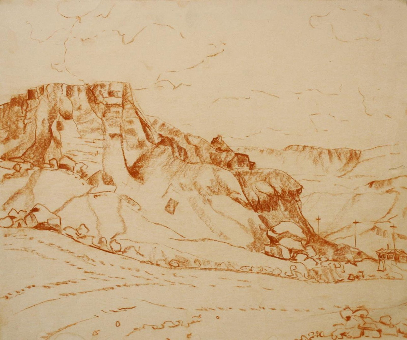 Mynka Olexandr (Ukrainian artist), "Road to the quarry", sanguine on paper: Title: Mynka Olexandr (Ukrainian artist), "Road to the quarry", sanguine on paper Description: ARTIST: Mynka Olexandr Fedorovich, Ukrainian artist TITLE: "Road to the quarry" SIZE: 43 x 52 cm, (17 x