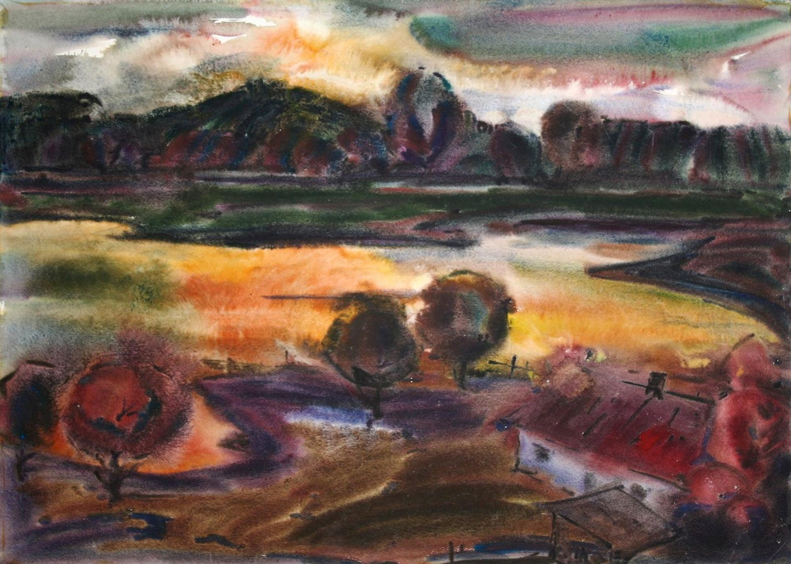 Kirilkov Valentin (Ukrainian artist), "Hut by the river", watercolor on paper: Title: Kirilkov Valentin (Ukrainian artist), "Hut by the river", watercolor on paper Description: ARTIST: Kirilkov Valentin Feodosievich, Ukrainian artist TITLE: "Hut by the river" SIZE: 61 x 85 cm, (