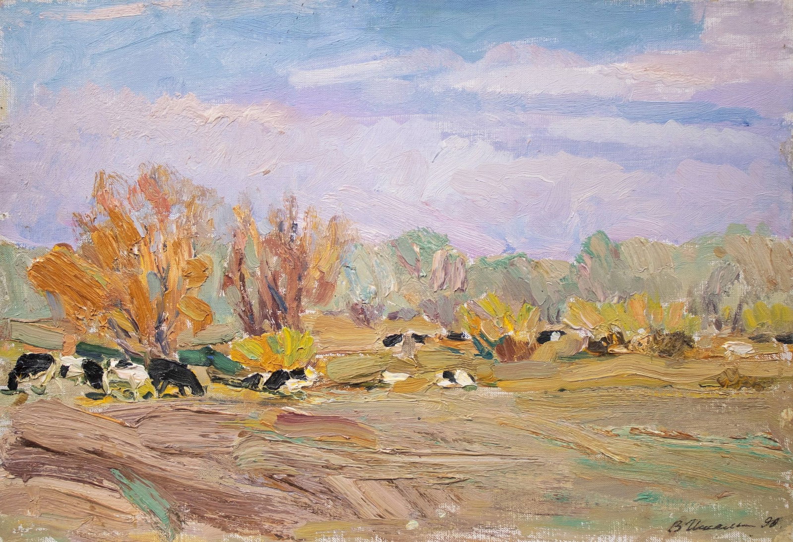 Iskam Viktor (Ukrainian artist), "Cattle in the corner", oil on canvas: Title: Iskam Viktor (Ukrainian artist), "Cattle in the corner", oil on canvas Description: ARTIST: Iskam Viktor Vasylievich, Ukrainian artist TITLE: "Cattle in the corner" SIZE: 36 x 51 cm, (14 1/4 x