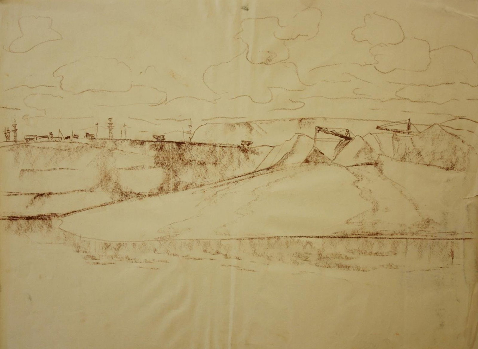 Mynka Olexandr (Ukrainian artist), "View", sanguine on paper: Title: Mynka Olexandr (Ukrainian artist), "View", sanguine on paper Description: ARTIST: Mynka Olexandr Fedorovich, Ukrainian artist TITLE: "View" SIZE: 37 x 49 cm, (14 2/4 x 19 1/4 in.) MEDIUM: