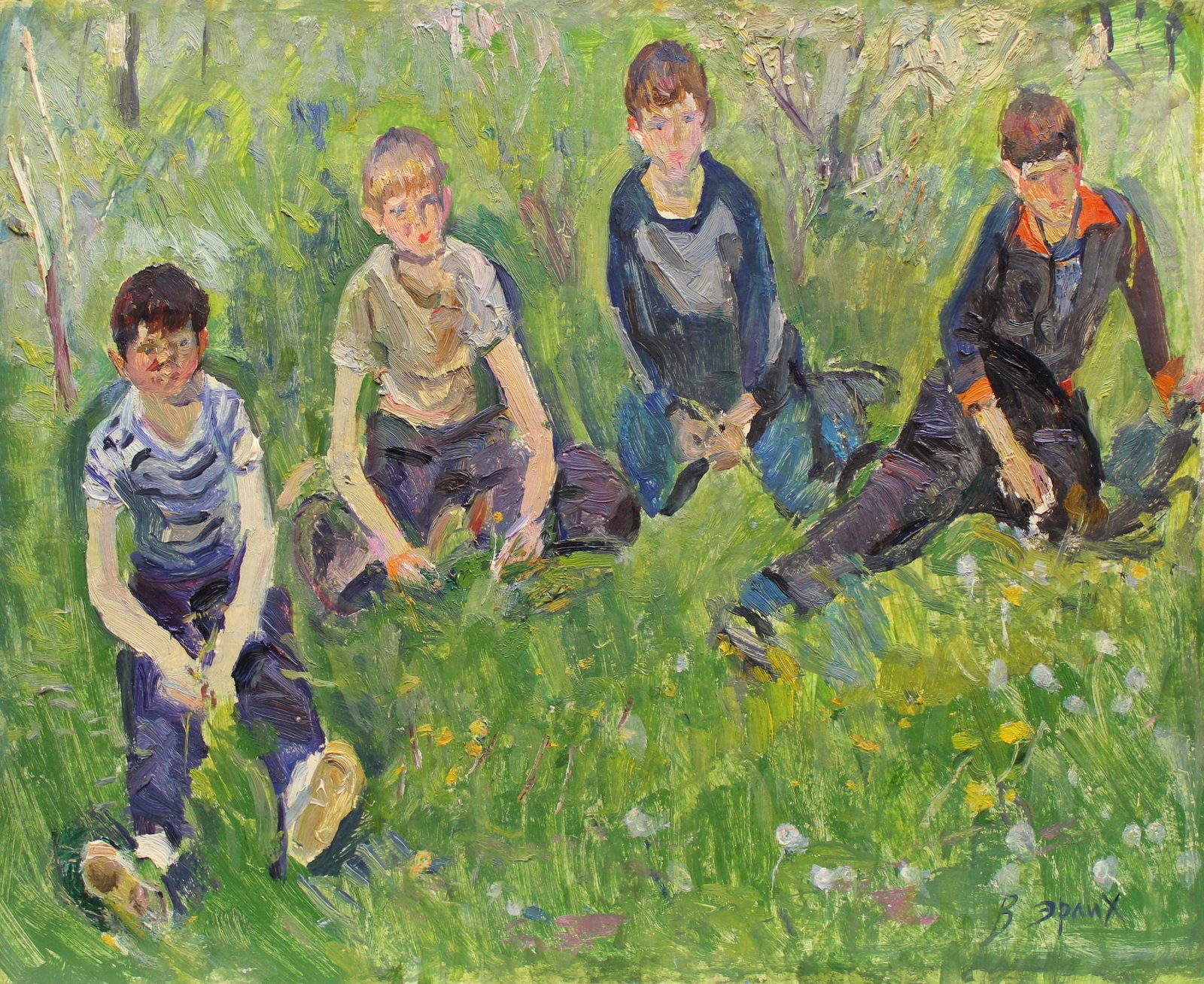 Erlih Volodymyr (Ukrainian artist), "The boys in the meadow", oil on cardboard: Title: Erlih Volodymyr (Ukrainian artist), "The boys in the meadow", oil on cardboard Description: ARTIST: Erlih Volodymyr Isaakovich, Ukrainian artist TITLE: "The boys in the meadow" SIZE: 40 x 50