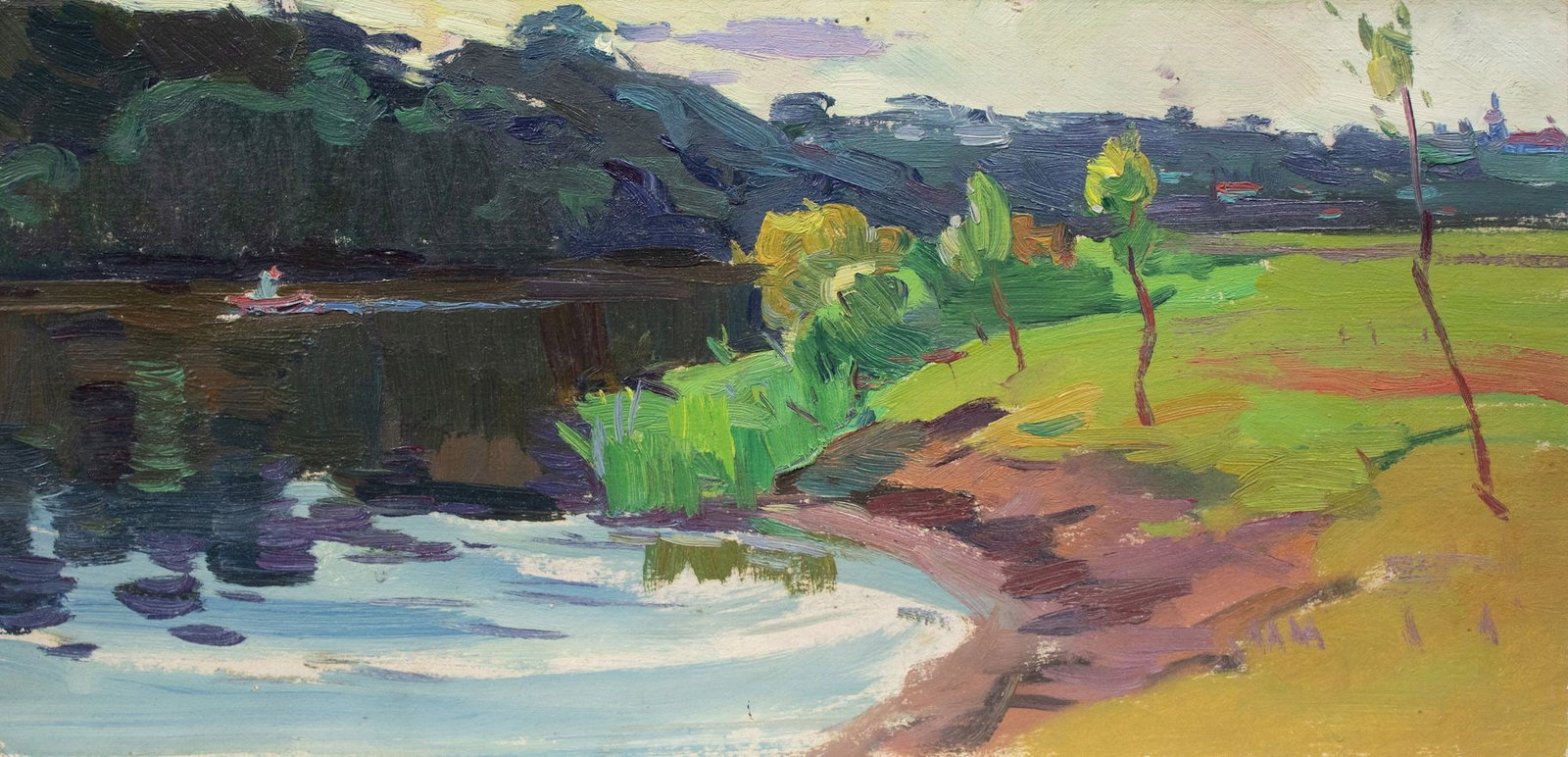 Hantman Moses (Ukrainian artist), "Summer on the river", oil on cardboard: Title: Hantman Moses (Ukrainian artist), "Summer on the river", oil on cardboard Description: ARTIST: Hantman Moses Faybovych, Ukrainian artist TITLE: "Summer on the river" SIZE: 24 x 48 cm, (9 2/4 x 
