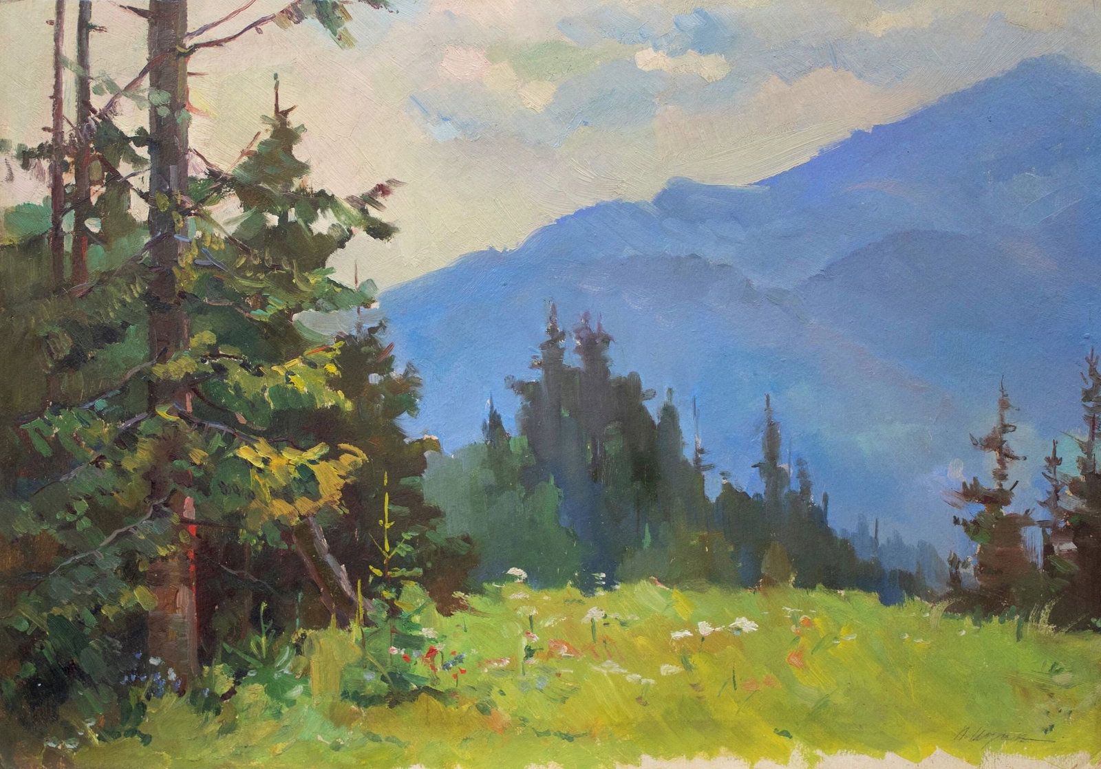 Kozin Petro (Ukrainian artist), "Morning in the Carpathians", oil on cardboard: Title: Kozin Petro (Ukrainian artist), "Morning in the Carpathians", oil on cardboard Description: ARTIST: Kozin Petro Dmytrovich, Ukrainian artist TITLE: "Morning in the Carpathians" SIZE: 44 x 63 cm