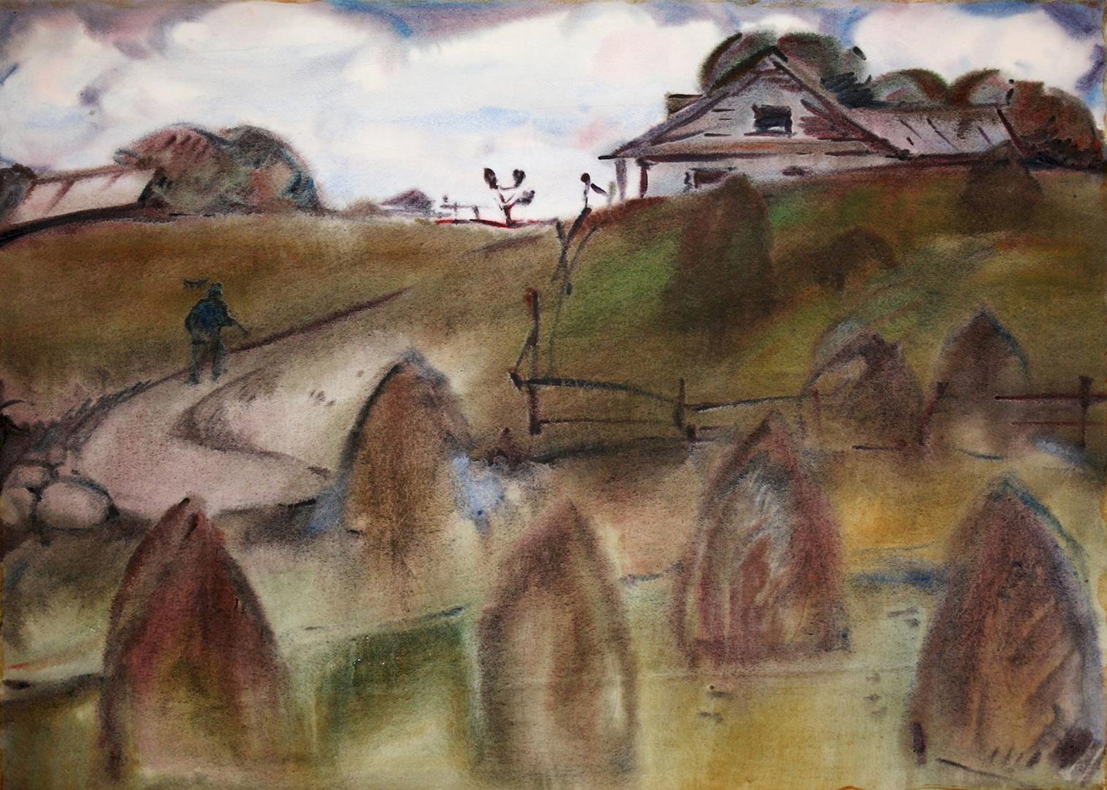 Kirilkov Valentin (Ukrainian artist), "Haystack", watercolor on paper: Title: Kirilkov Valentin (Ukrainian artist), "Haystack", watercolor on paper Description: ARTIST: Kirilkov Valentin Feodosievich, Ukrainian artist TITLE: "Haystack" SIZE: 61 x 85 cm, (24 x 33 2/4