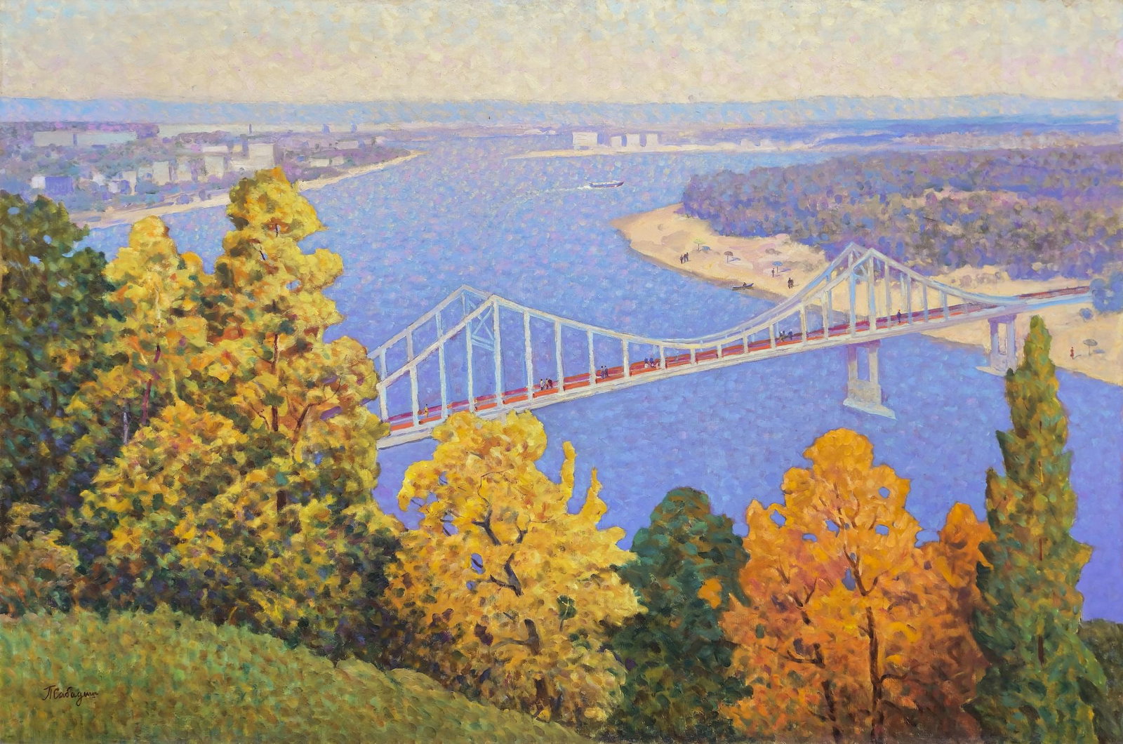 Sabadish Petro (Ukrainian artist), "Bridge across the Dnieper", oil on canvas: Title: Sabadish Petro (Ukrainian artist), "Bridge across the Dnieper", oil on canvas Description: ARTIST: Sabadish Petro Evlampiyovich, Ukrainian artist TITLE: "Bridge across the Dnieper" SIZE: 120 x