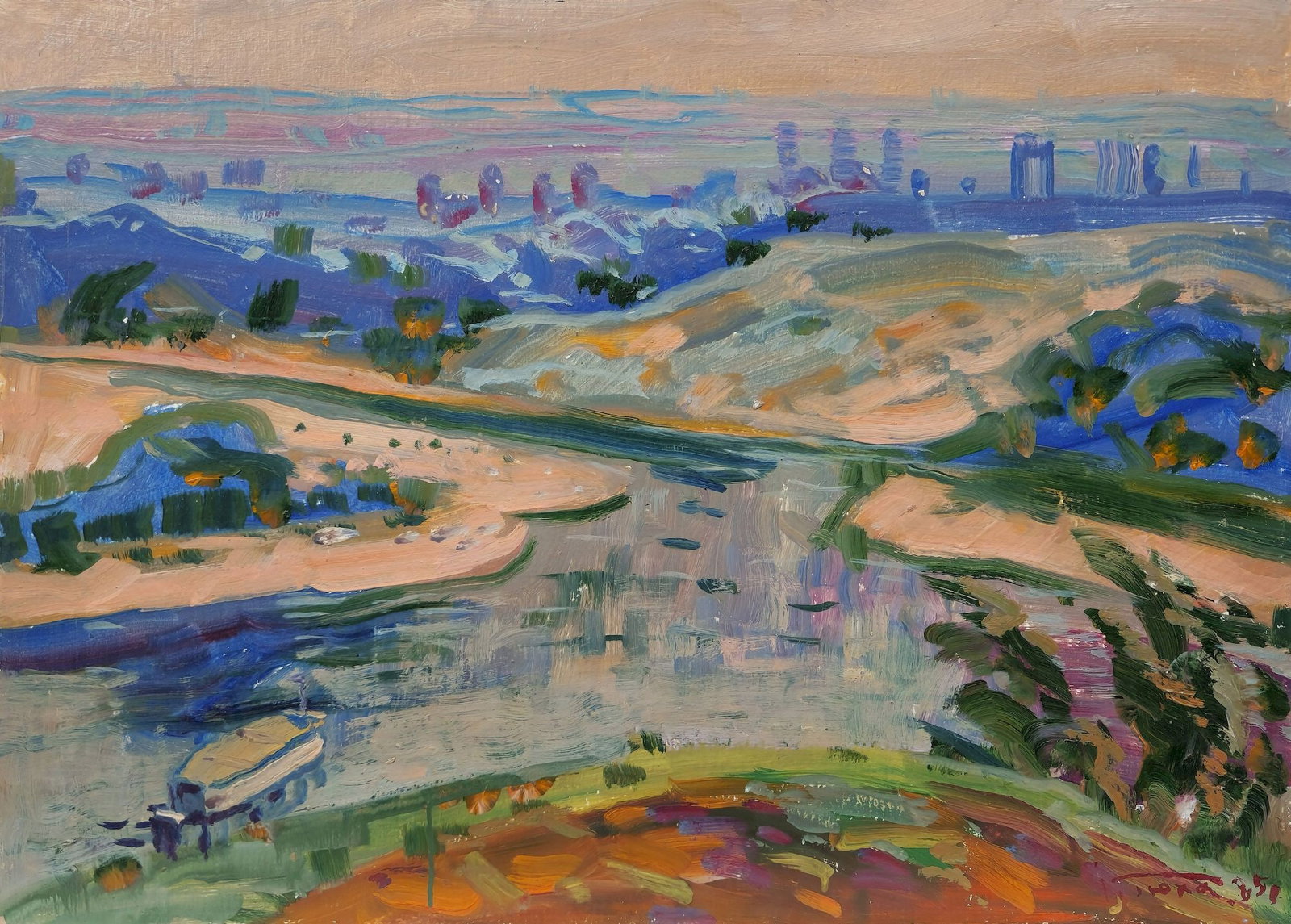 Tyukha Ivan (Ukrainian artist), "Steppe", oil on cardboard: Title: Tyukha Ivan (Ukrainian artist), "Steppe", oil on cardboard Description: ARTIST: Tyukha Ivan Andriyovich, Ukrainian artist TITLE: "Steppe" SIZE: 49 x 70 cm, (19 1/4 x 27 2/4 in.) MEDIUM: oil on