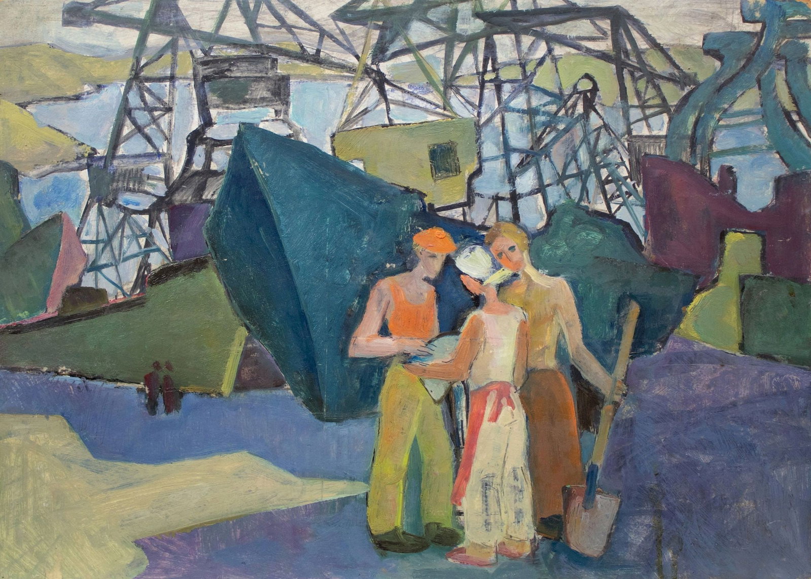 Unidentified (Ukrainian artist), "At the construction site", oil on cardboard (1 of 3)