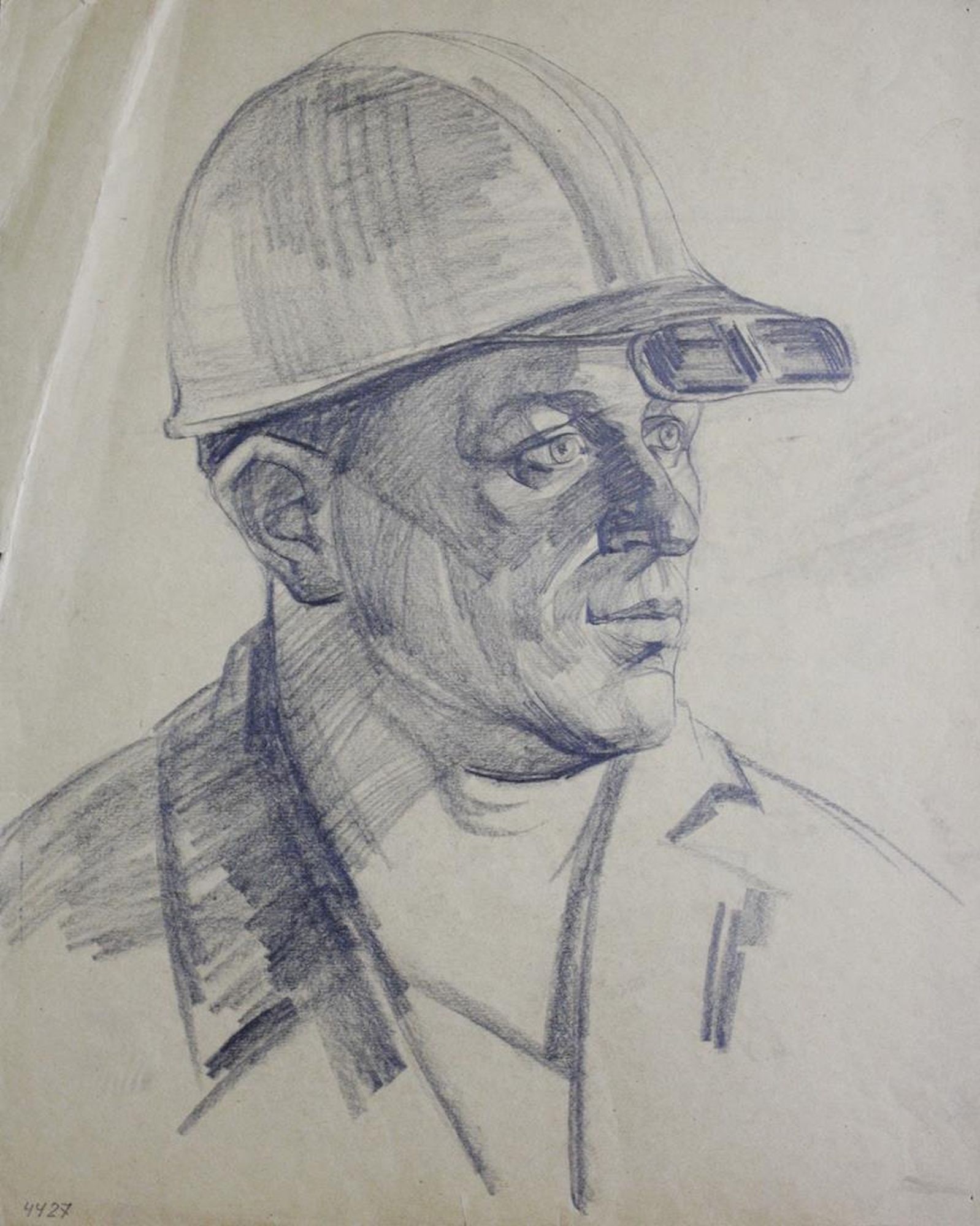 Mynka Olexandr (Ukrainian artist), "Worker in helmet (steelmaker)", coal on paper (1 of 2)