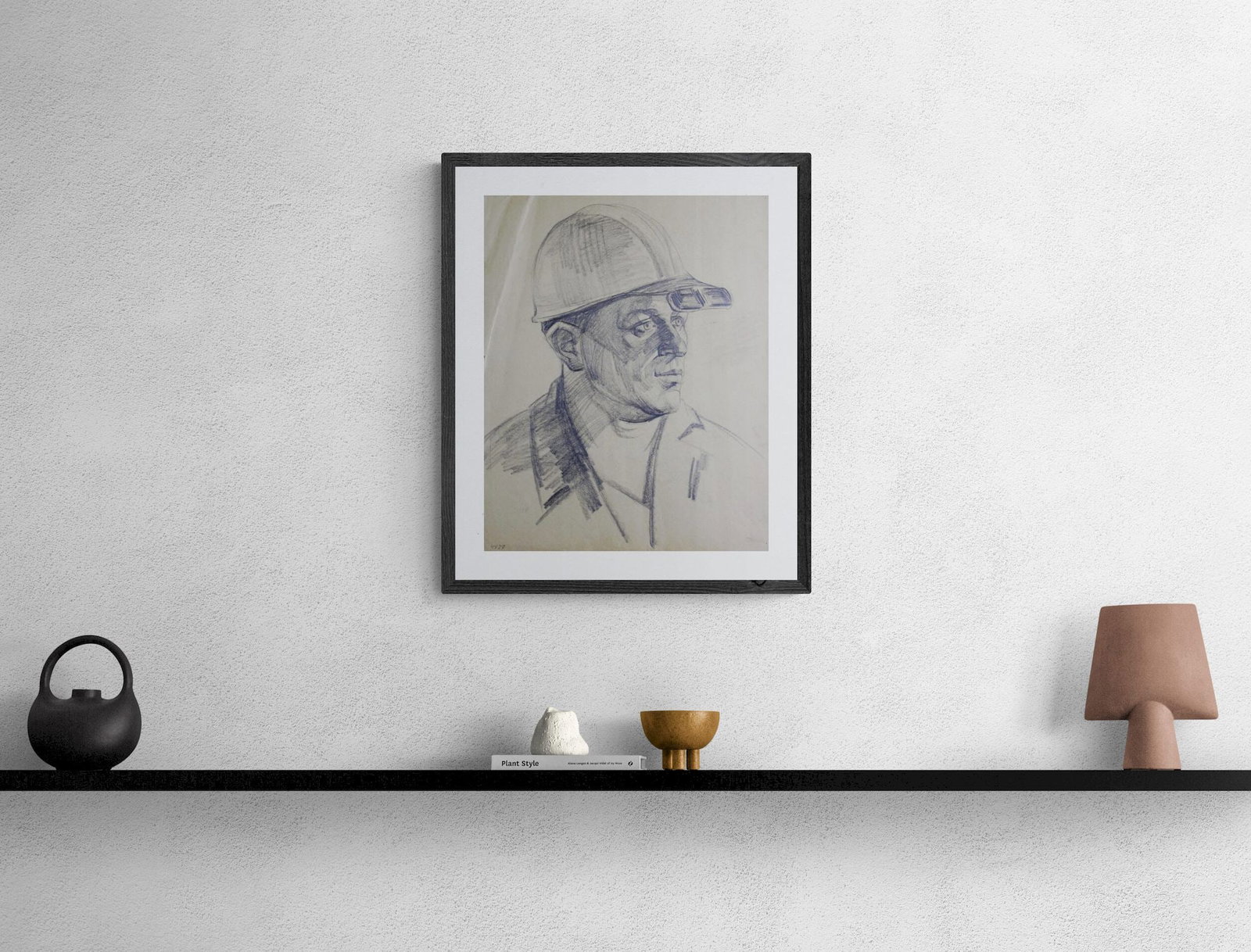 Mynka Olexandr (Ukrainian artist), "Worker in helmet (steelmaker)", coal on paper - 2