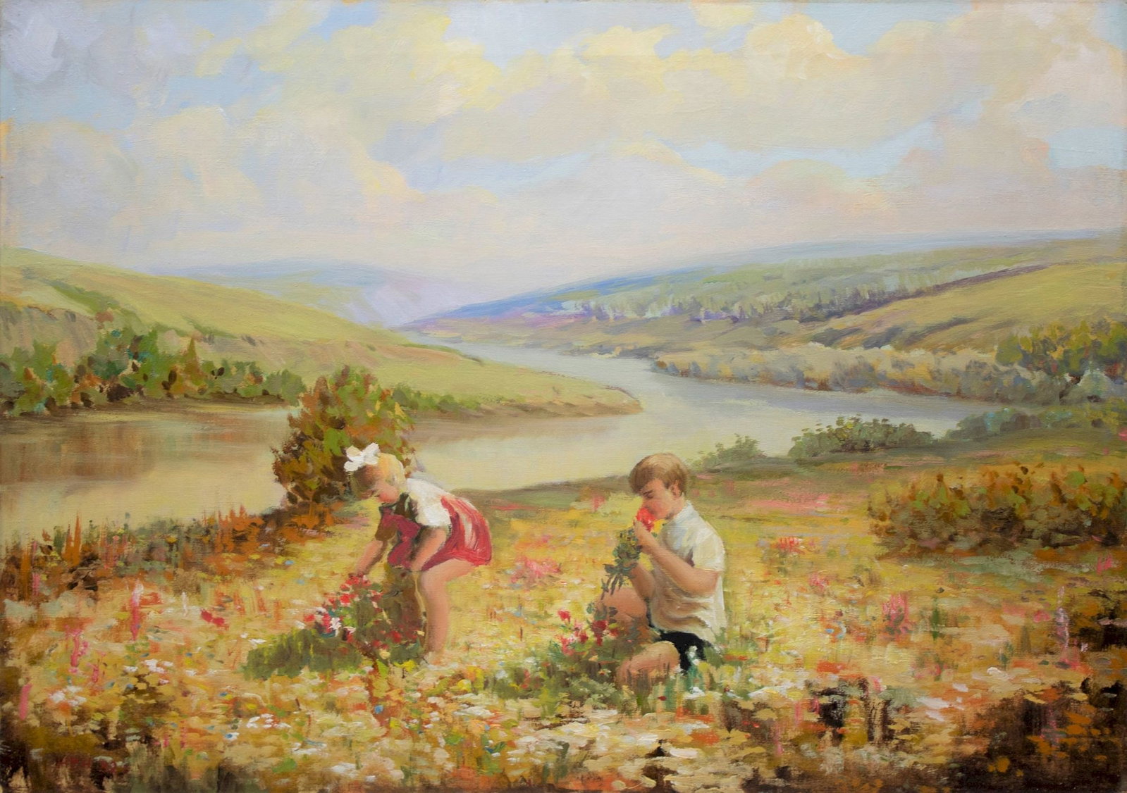 Navrotsky Vasil (Ukrainian artist), "Children collect wildflowers", oil on canvas (1 of 4)