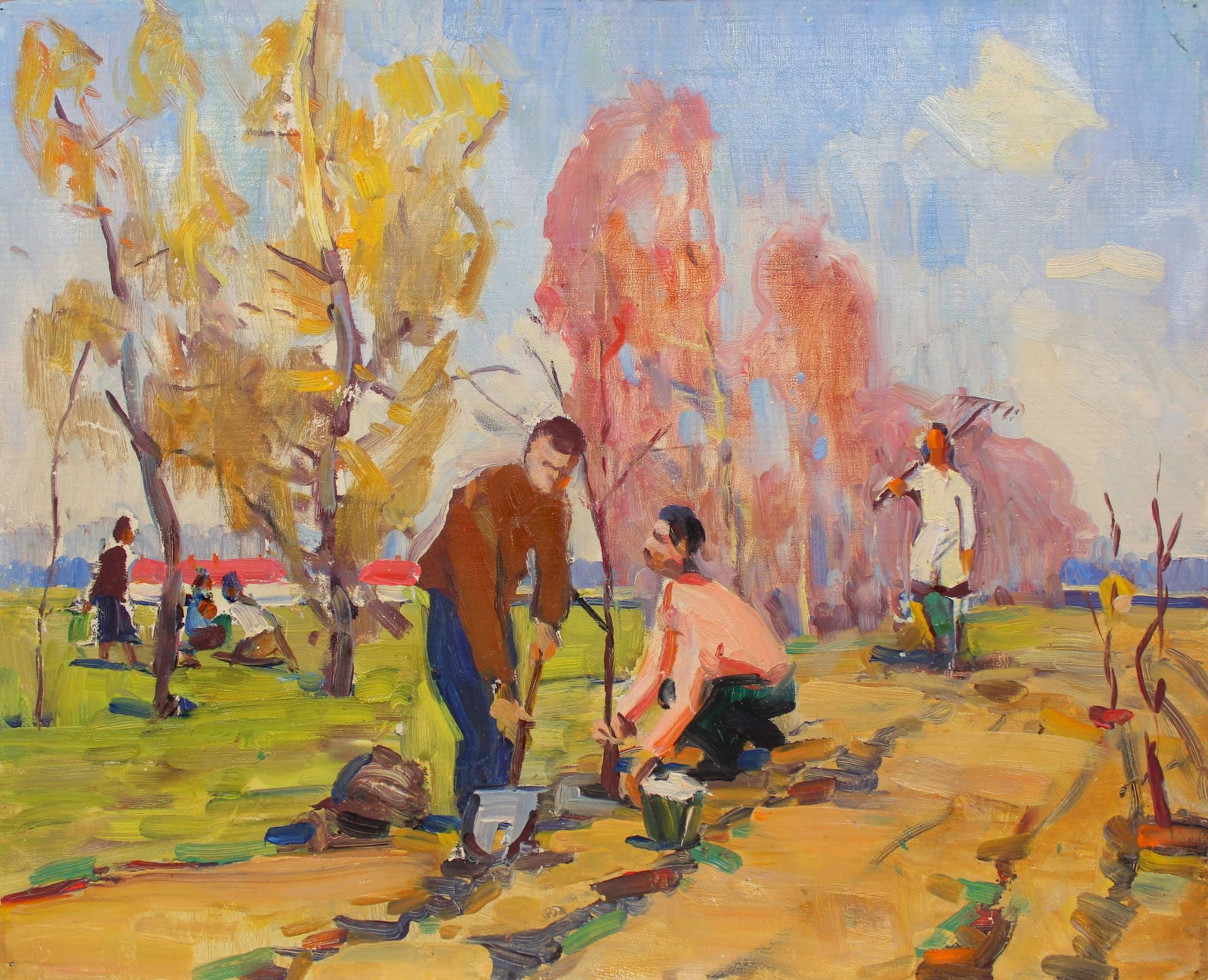 Tyukha Ivan (Ukrainian artist), "Be in the garden!", oil on cardboard: Title: Tyukha Ivan (Ukrainian artist), "Be in the garden!", oil on cardboard Description: ARTIST: Tyukha Ivan Andriyovich, Ukrainian artist TITLE: "Be in the garden!" SIZE: 35 x 43 cm, (13 3/4 x 17