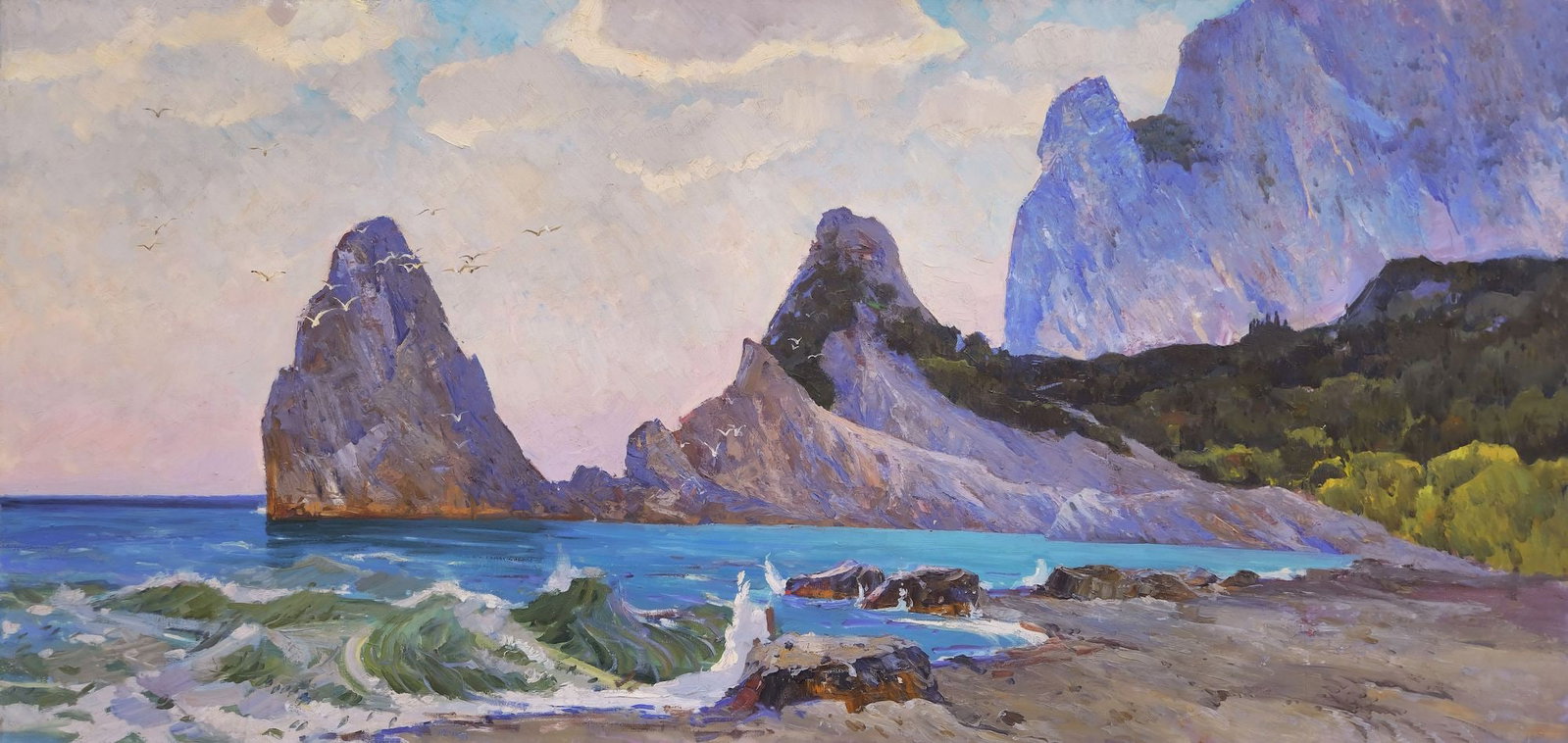 Tyukha Ivan (Ukrainian artist), "Sea", oil on canvas: Title: Tyukha Ivan (Ukrainian artist), "Sea", oil on canvas Description: ARTIST: Tyukha Ivan Andriyovich, Ukrainian artist TITLE: "Sea" SIZE: 120 x 250 cm, (47 1/4 x 98 2/4 in.) MEDIUM: oil on canvas