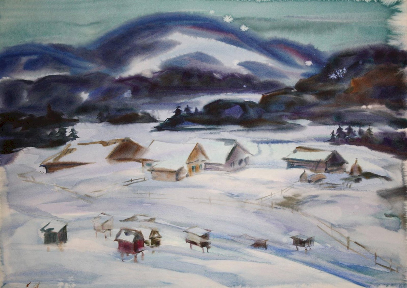 Kirilkov Valentin (Ukrainian artist), "Winter village", watercolor on paper: Title: Kirilkov Valentin (Ukrainian artist), "Winter village", watercolor on paper Description: ARTIST: Kirilkov Valentin Feodosievich, Ukrainian artist TITLE: "Winter village" SIZE: 59 x 84 cm, (23 1