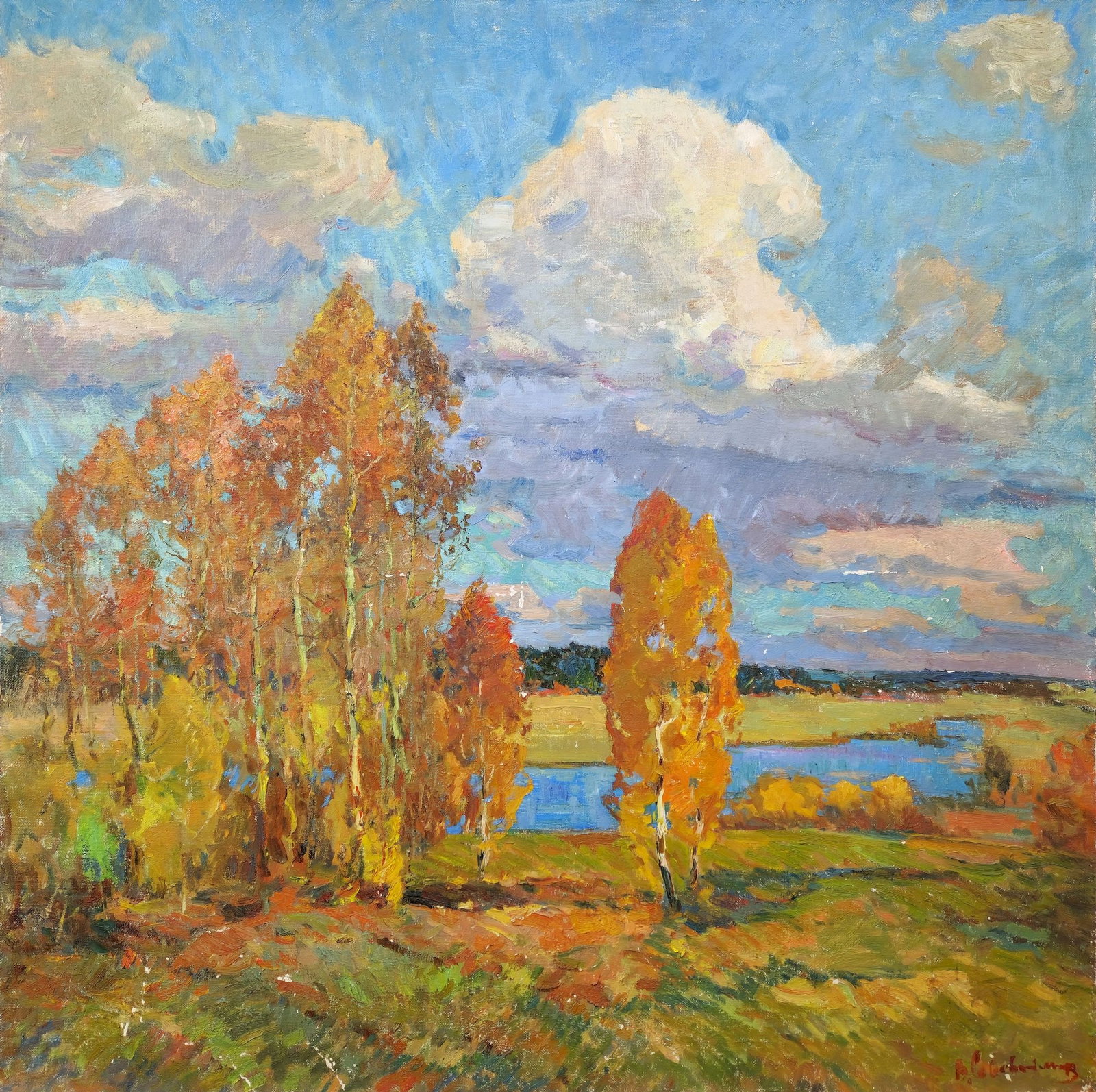 Sevastyanov Victor (Ukrainian artist), "Autumn", oil on canvas: Title: Sevastyanov Victor (Ukrainian artist), "Autumn", oil on canvas Description: ARTIST: Sevastyanov Victor Grigorovich, Ukrainian artist TITLE: "Autumn" SIZE: 120 x 120 cm, (47 1/4 x 47 1/4 in.) ME