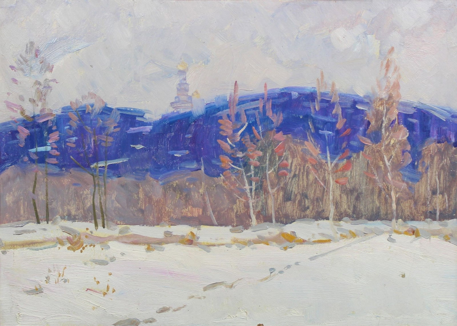 Tyukha Ivan (Ukrainian artist), "Snow-covered field", oil on cardboard: Title: Tyukha Ivan (Ukrainian artist), "Snow-covered field", oil on cardboard Description: ARTIST: Tyukha Ivan Andriyovich, Ukrainian artist TITLE: "Snow-covered field" SIZE: 50 x 70 cm, (19 3/4 x 27 