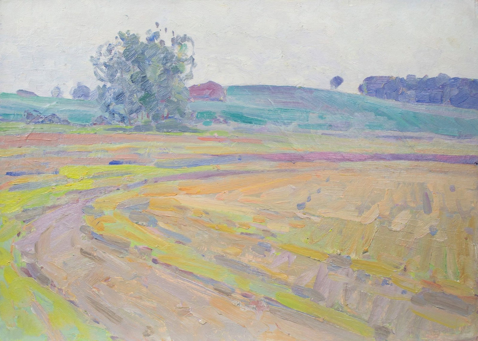 Tyukha Ivan (Ukrainian artist), "Arable", oil on cardboard: Title: Tyukha Ivan (Ukrainian artist), "Arable", oil on cardboard Description: ARTIST: Tyukha Ivan Andriyovich, Ukrainian artist TITLE: "Arable" SIZE: 50 x 69 cm, (19 3/4 x 27 1/4 in.) MEDIUM: oil on 