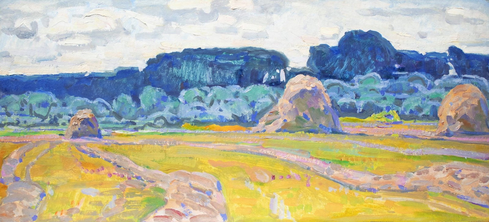 Tyukha Ivan (Ukrainian artist), "Haymaking", oil on cardboard: Title: Tyukha Ivan (Ukrainian artist), "Haymaking", oil on cardboard Description: ARTIST: Tyukha Ivan Andriyovich, Ukrainian artist TITLE: "Haymaking" SIZE: 32 x 70 cm, (12 2/4 x 27 2/4 in.) MEDIUM: o