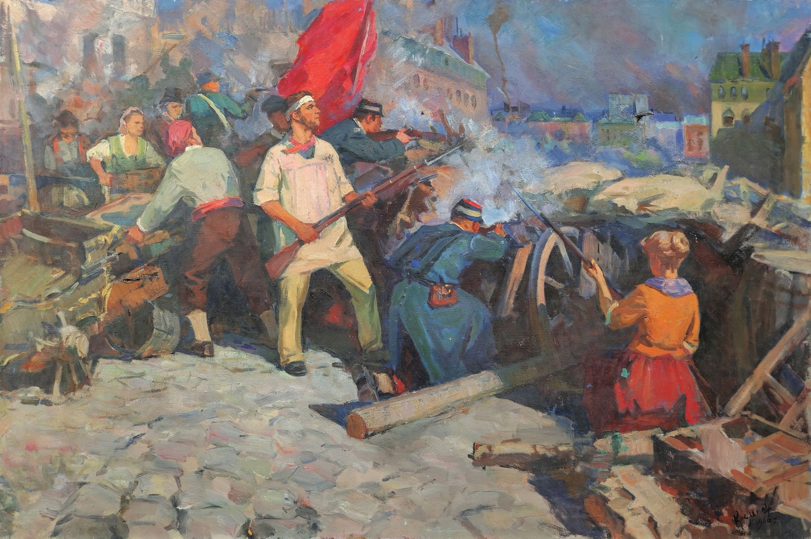 Krelman Volko (Ukrainian artist), "Barricade (Paris communa)", oil on canvas: Title: Krelman Volko (Ukrainian artist), "Barricade (Paris communa)", oil on canvas Description: ARTIST: Krelman Volko Aronovich, Ukrainian artist TITLE: "Barricade (Paris communa)" SIZE: 99 x 149 cm,