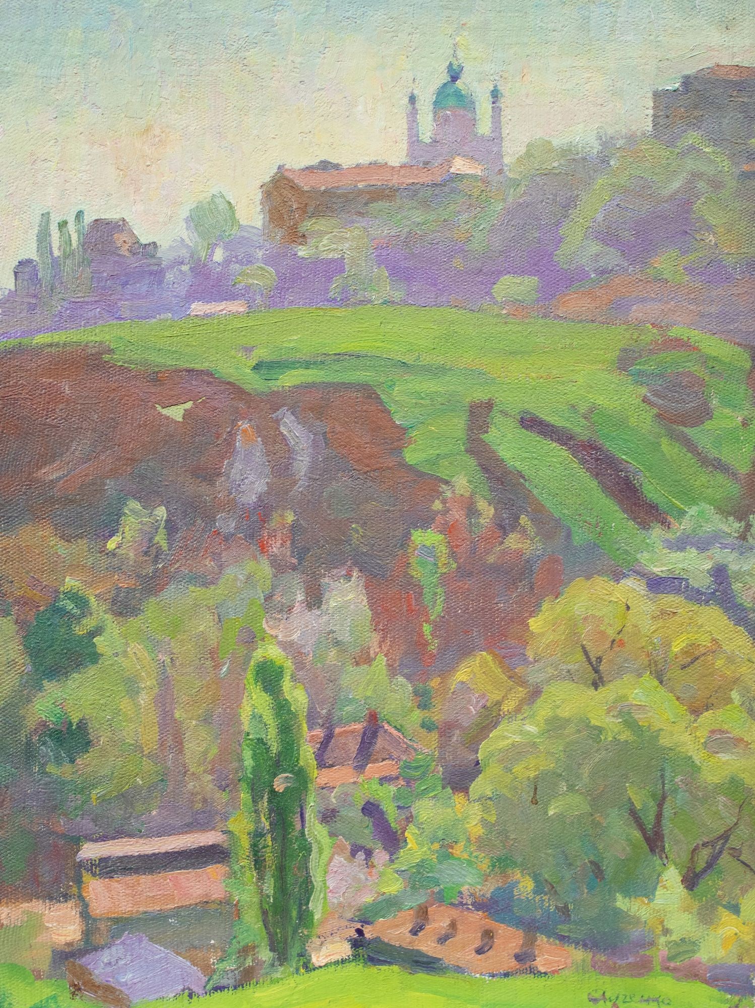 Luchenko Evgen (Ukrainian artist), "Church on the hill", oil on cardboard: Title: Luchenko Evgen (Ukrainian artist), "Church on the hill", oil on cardboard Description: ARTIST: Luchenko Evgen Dmitrovich, Ukrainian artist TITLE: "Church on the hill" SIZE: 39 x 29 cm, (15 1/4 