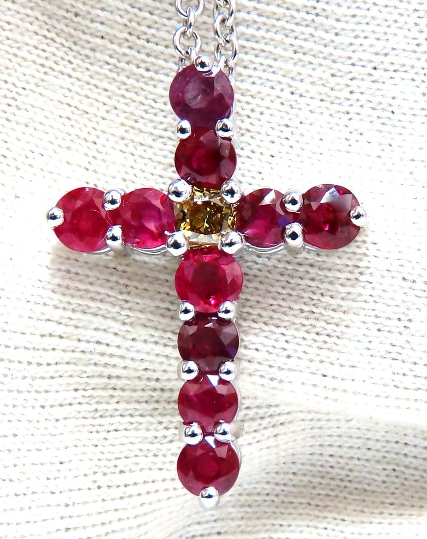 5.73ct Natural Ruby Fancy Color Yellow Green Diamond Cross 14 Karat **: Title: 5.73ct Natural Ruby Fancy Color Yellow Green Diamond Cross 14 Karat ** Description: MAGNIFICENT JEWELS Natural Round Rubies & Fancy Diamond Cross. .48ct. Brilliant Princess Cut Fancy Yellow