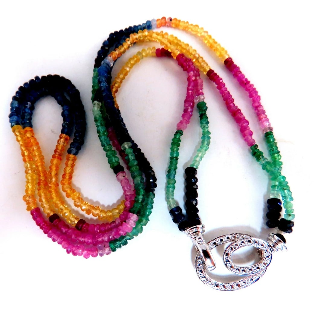 50ct natural sapphire emerald beads necklace 14kt**: Title: 50ct natural sapphire emerald beads necklace 14kt** Description: 50ct. Natural Emerald Sapphire Rainbow Bead Necklace 2 Strands / 3mm beads Each Strand, 16 inches 14kt white gold clasp 13.2