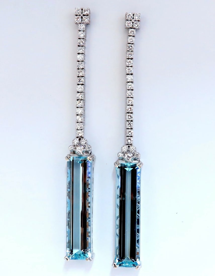 GIA Certified 62.22ct Natural Aquamarine Diamonds Earrings 18Kt Platinum**: Title: GIA Certified 62.22ct Natural Aquamarine Diamonds Earrings 18Kt Platinum** Description: Magnificent Jewels GIA Certified Aquamarine Long Tier Dangle Earrings. 27.73 & 29.49ct Natural