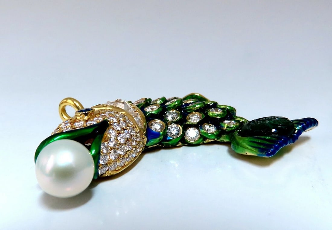 Natural Akoya Pearl Sapphire Emerald & Diamonds Enamel Fish Pendant 18kt** - 5