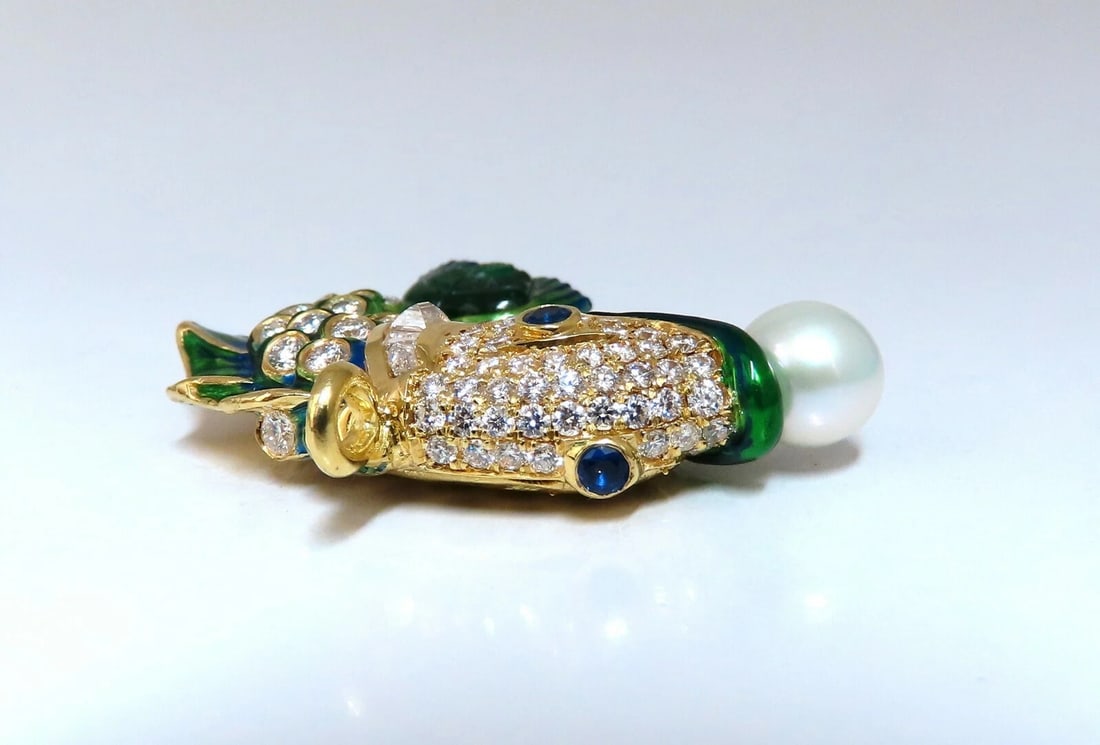 Natural Akoya Pearl Sapphire Emerald & Diamonds Enamel Fish Pendant 18kt** - 6